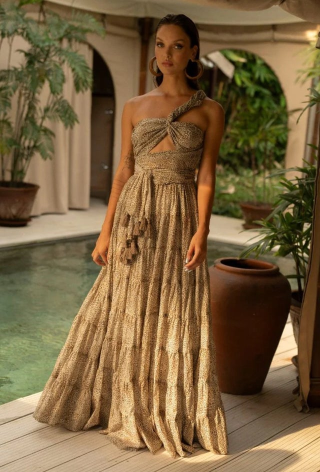 cheetah bridesmaid dresses L'AGENCE Sayla Silk Gown In Multi Large Rose Cheetah